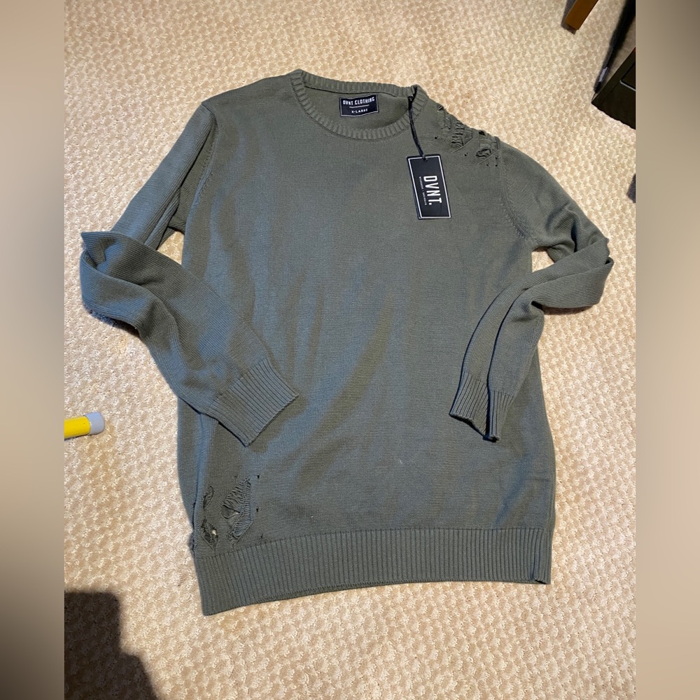 DVNT mens distressed knit pullover longline xl green